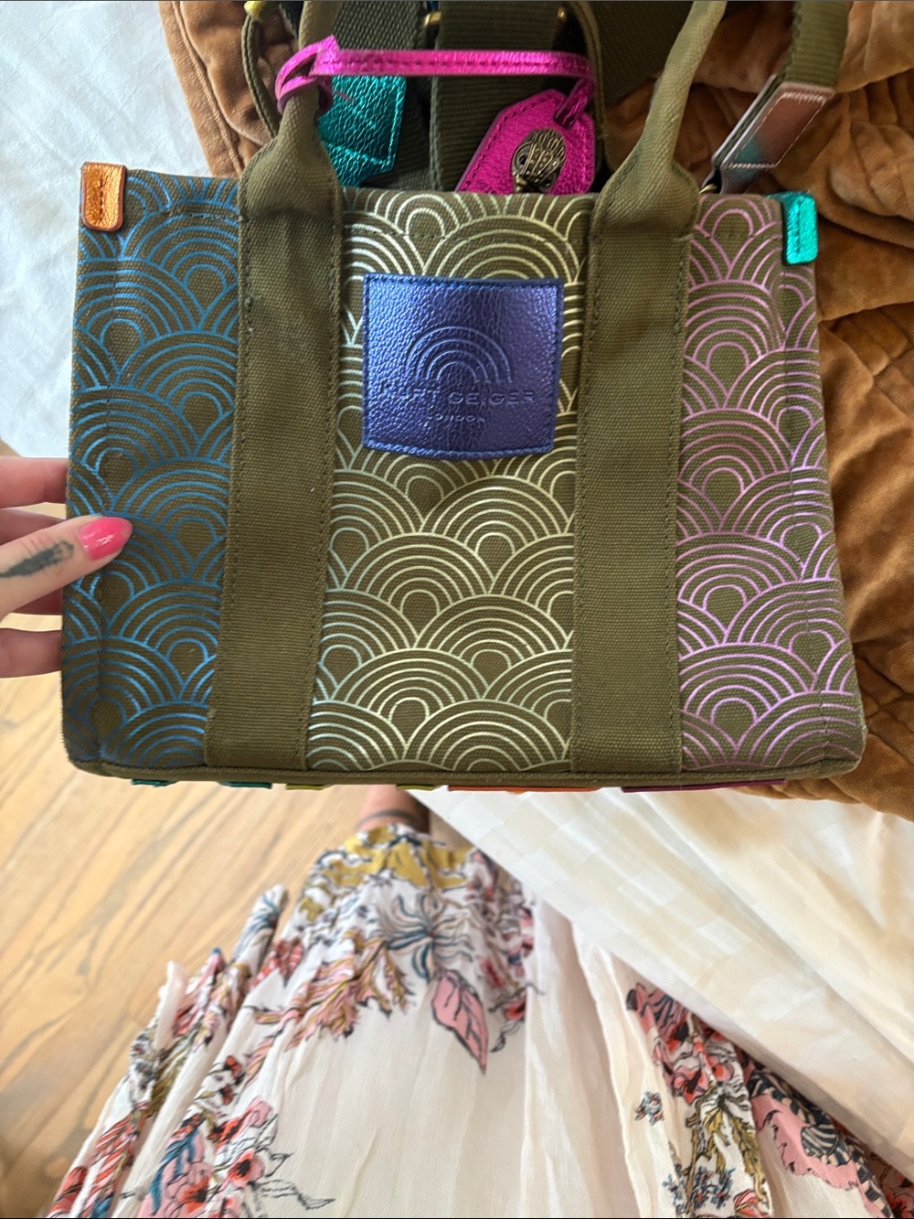 Multicolor Canvas Tote with Olive Straps